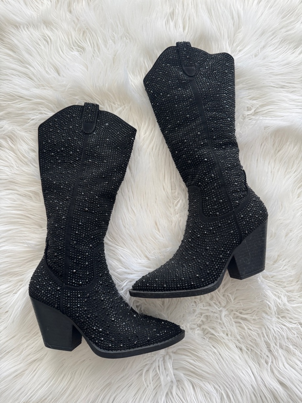 Black Crystal Studded Western Heeled Boots